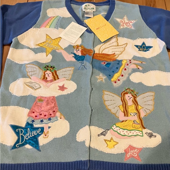 NWT Quacker Factory Angel Cardigan Blue Embroidered Angel Cardigan Size Large - Picture 12 of 14